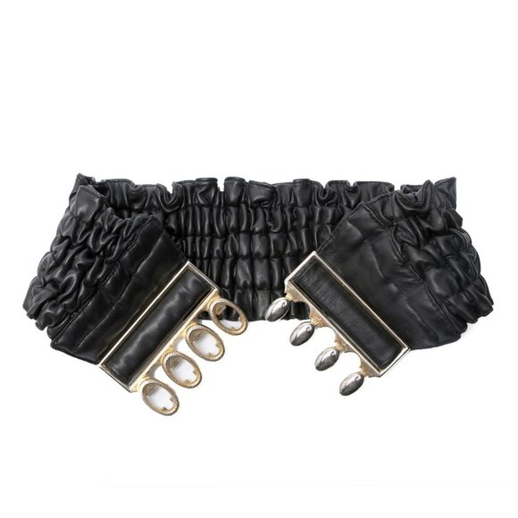 Vegan Faux Leather Wide Cinch Belt Ruffled Black Stretch Waist Band Gold Buckle - Picture 5 of 11